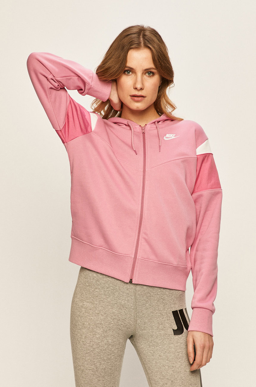 Bluza roz cu gluga Nike Sportswear cu fermoar din o combinatie de doua materiale diferite
