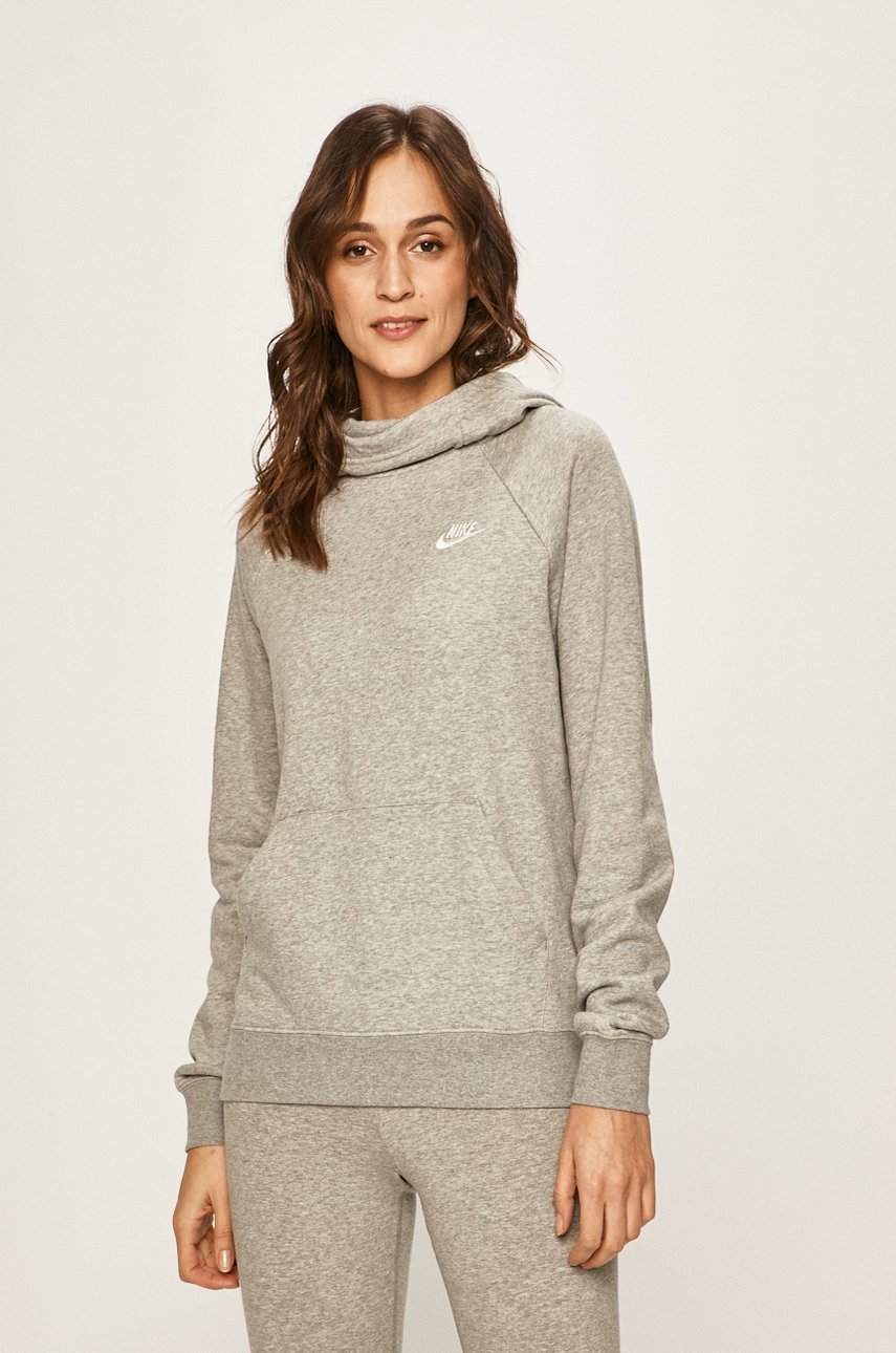 Bluza cu gluga gri deschis Nike Sportswear cu imprimeu si captuseala