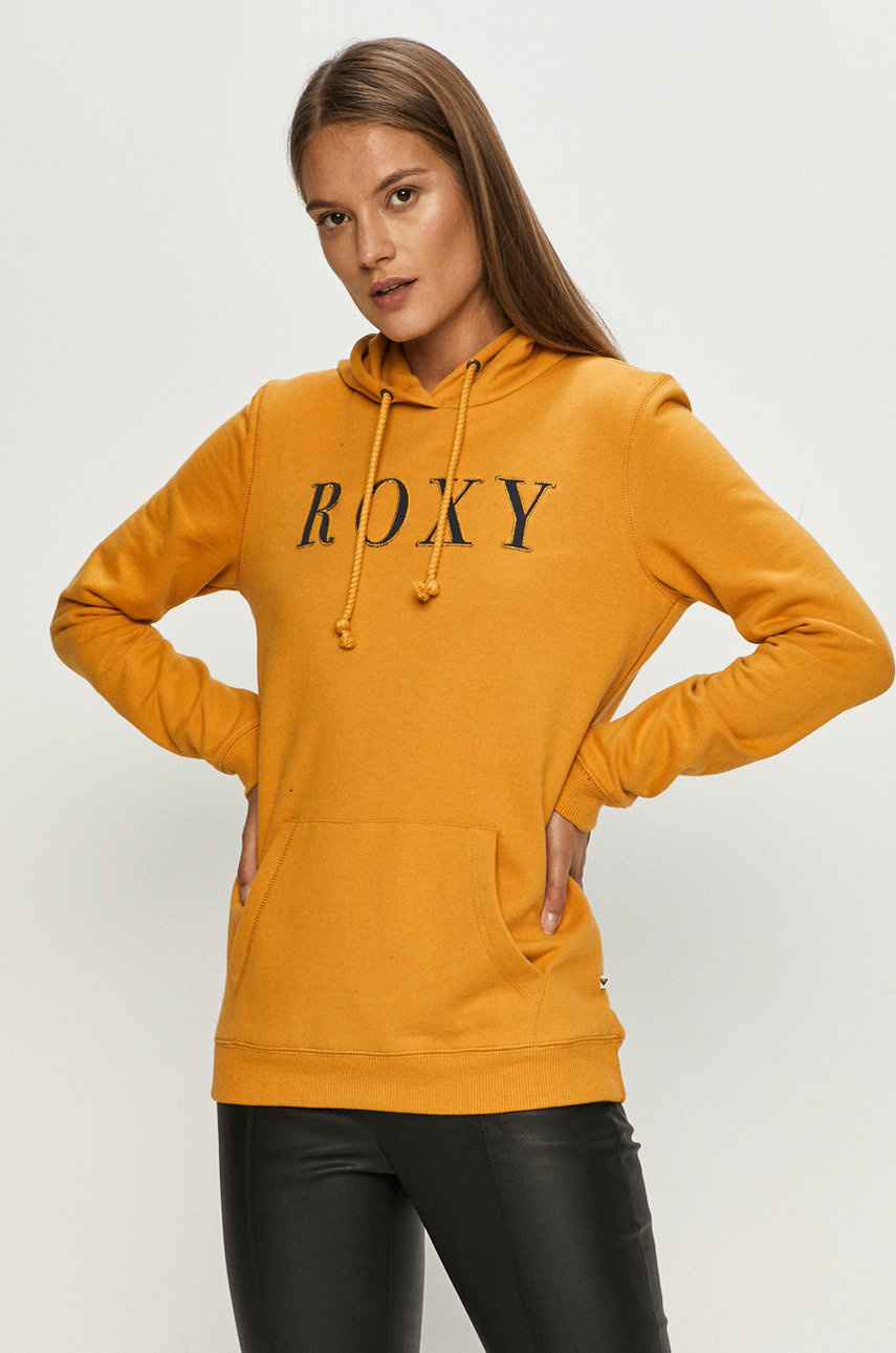 Bluza galben mustar cu gluga Roxy din tricot cu imprimeu