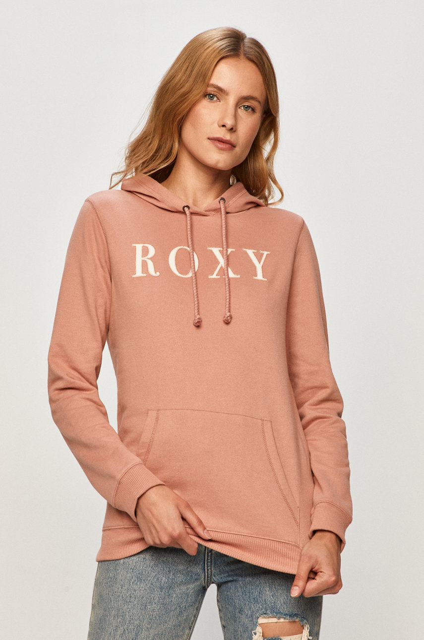Bluza roz pal cu gluga Roxy din tricot cu imprimeu