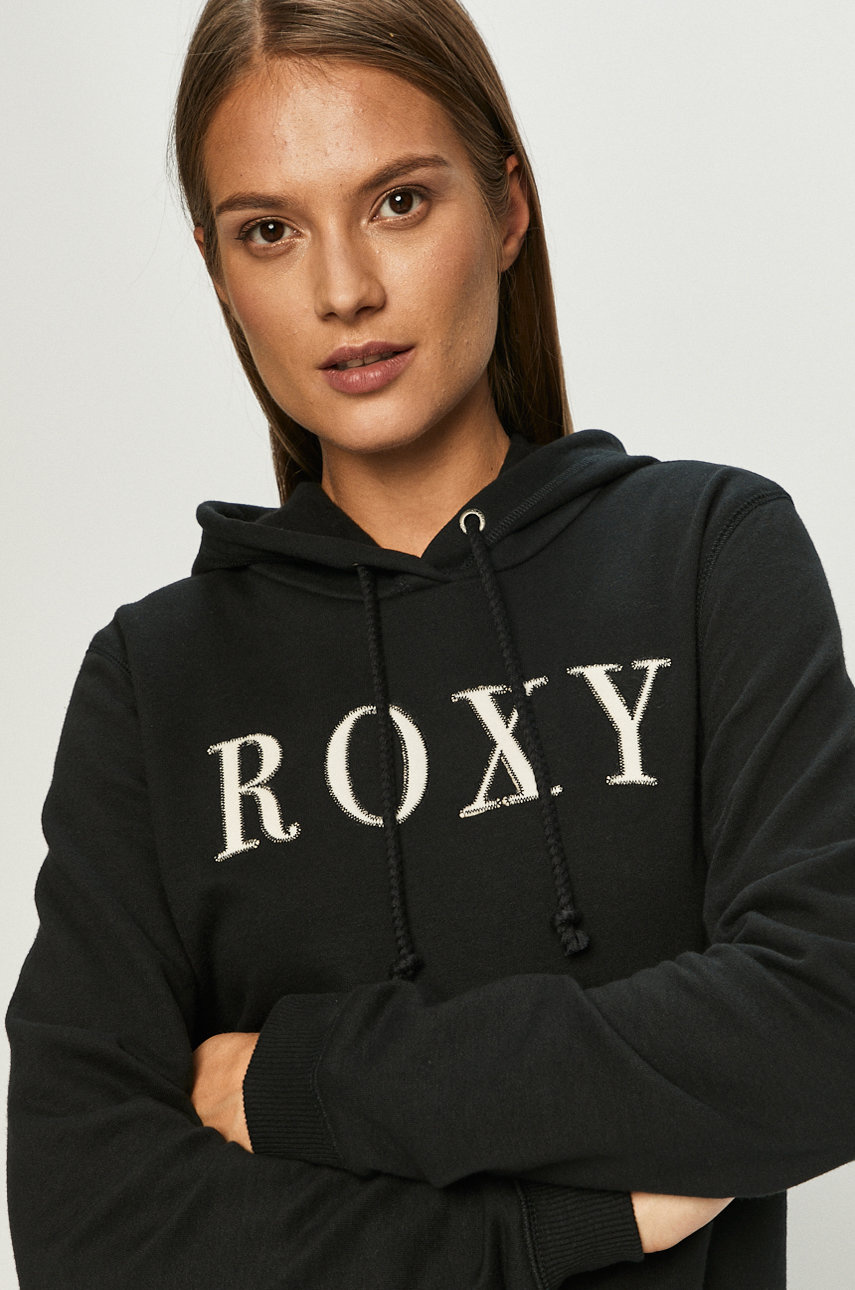 Bluza neagra cu gluga Roxy din tricot cu imprimeu