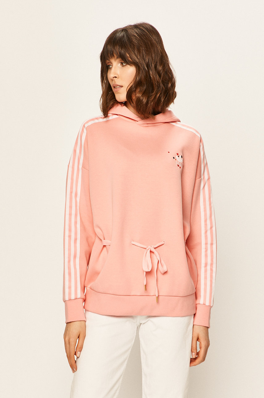 Bluza cu gluga adidas Originals roz din tricot cu imprimeu cu croi lejer si umeri lasati
