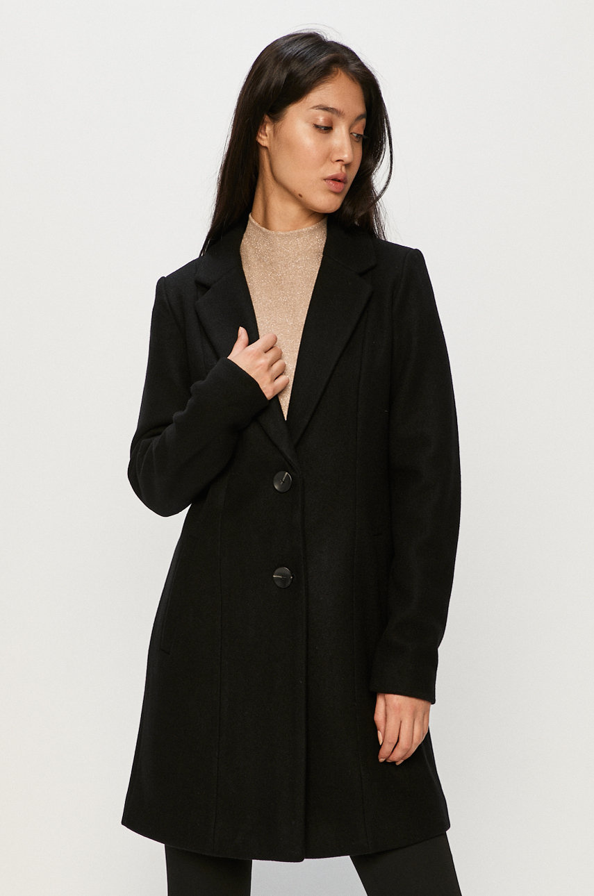 Palton lung negru office elegant Only cu lana cu croiala dreapta