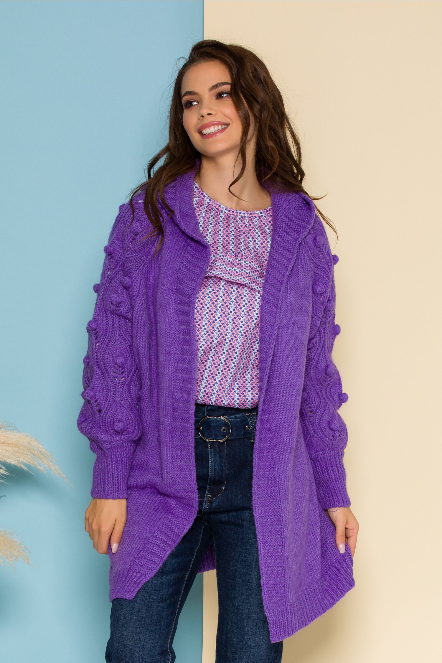 Cardigan dama casual de toamna lila din tricot cu insertii in relief