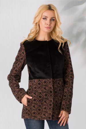 Jacheta dama eleganta negru cu maro si detalii florale catifelate Leonard Collection