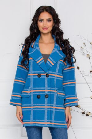 Palton dama casual de iarna bleu cu carouri orange Azaka