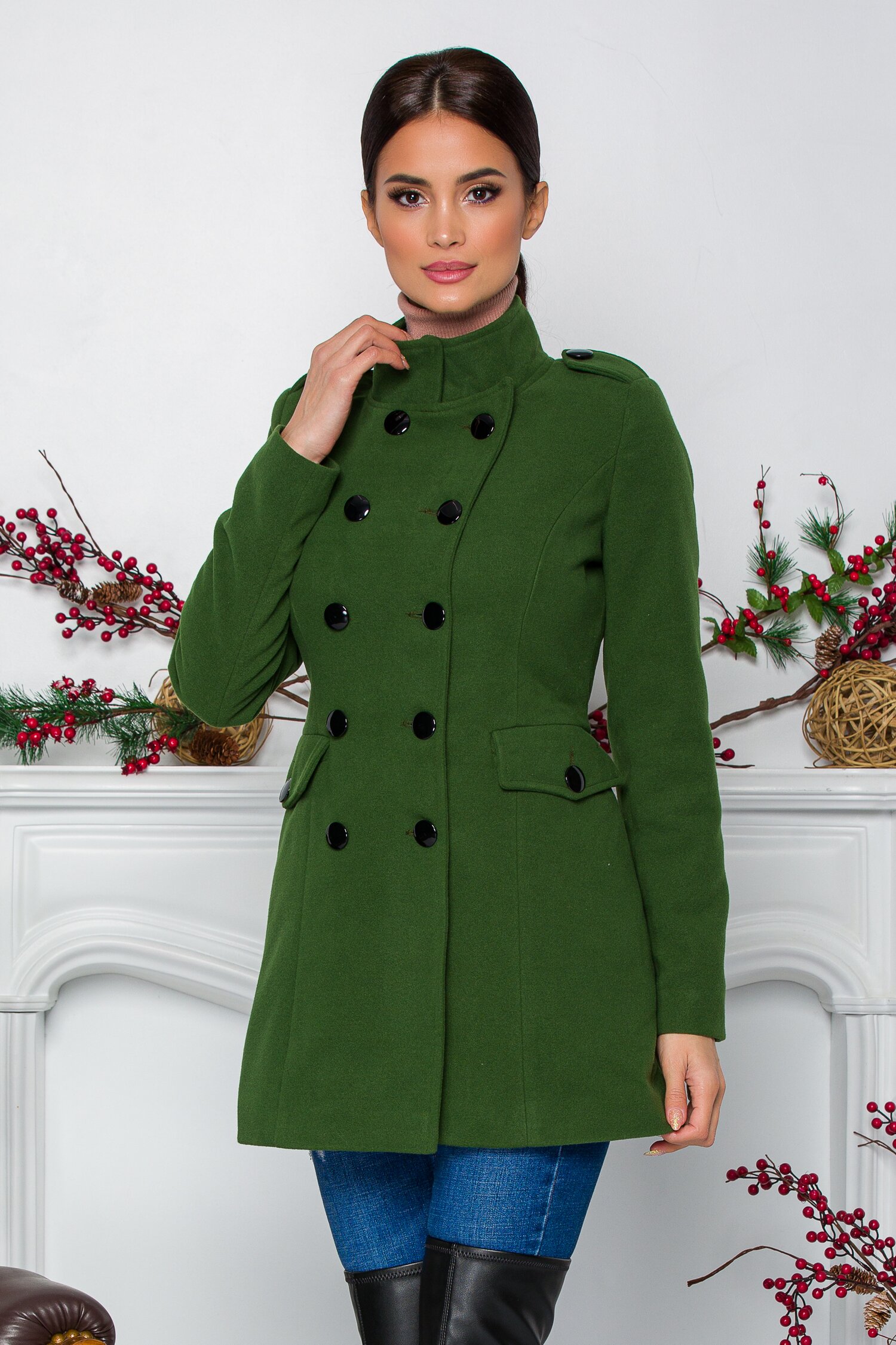 Palton de ocazie verde gros cu buzunare si guler inalt Ella Collection Carla