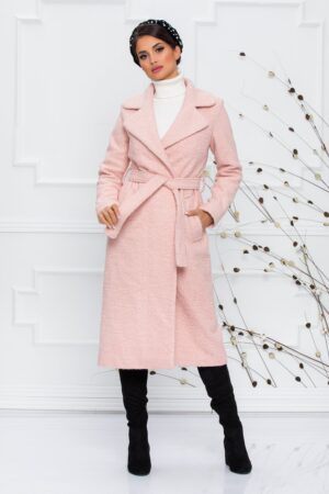 Palton lung elegant de seara roz pal cu rever si cordon in talie Ella Collection Christina