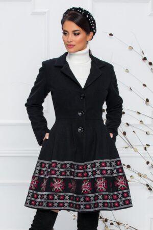 Palton de iarna negru cu broderie traditionala rosie cu gri Ella Collection Sonia