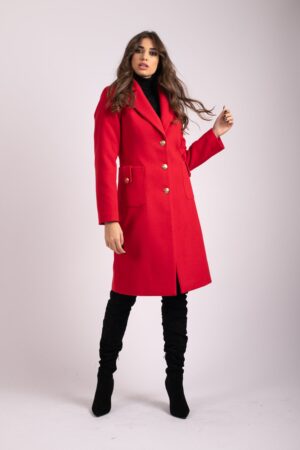 Palton lung dama elegant de ocazie rosu cu buzunare maxi LaDonna