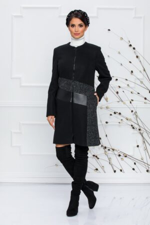 Palton dama de ocazie elegant negru decorat cu piele ecologica si lana